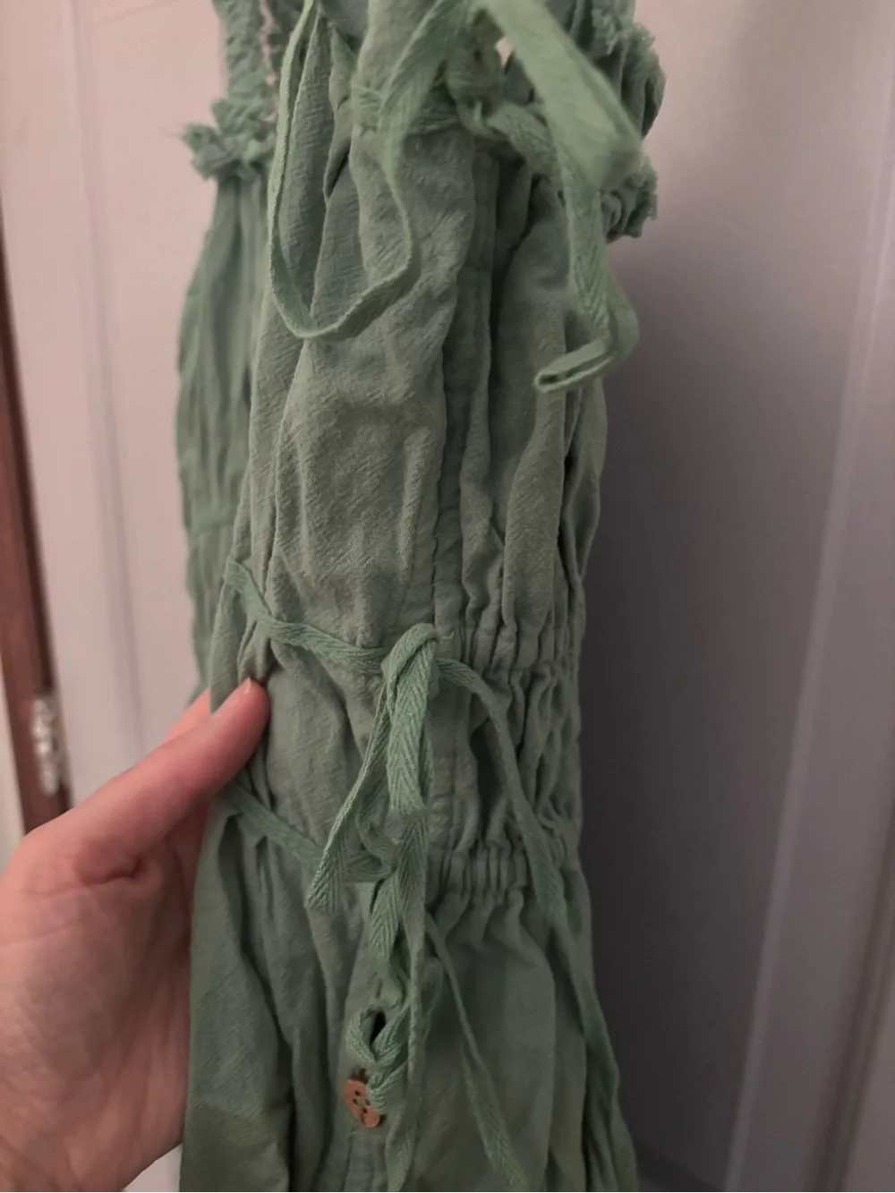 Free People Sage Green Ruffled Strap Mini Cotton Sundress sz XL pockets buttons - Picture 3 of 8